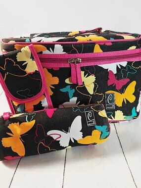 Vintage Travel Caboodles Butterfly Makeup Train Cases and Matching Toiletry Bag